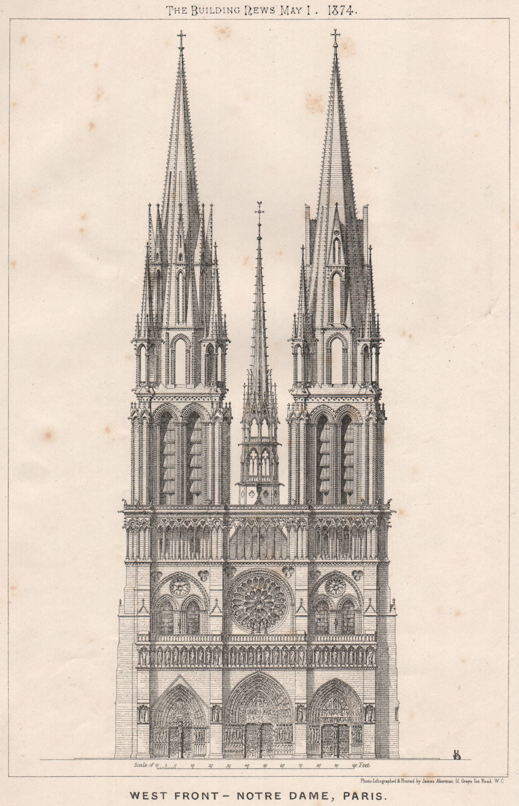 West front - Notre Dame, Paris 1874 old antique vintage print picture